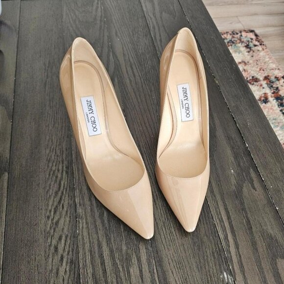 Jimmy Choo Nude Beige Patent Leather Romy Pointed Toe Pumps - Picture 1 of 8